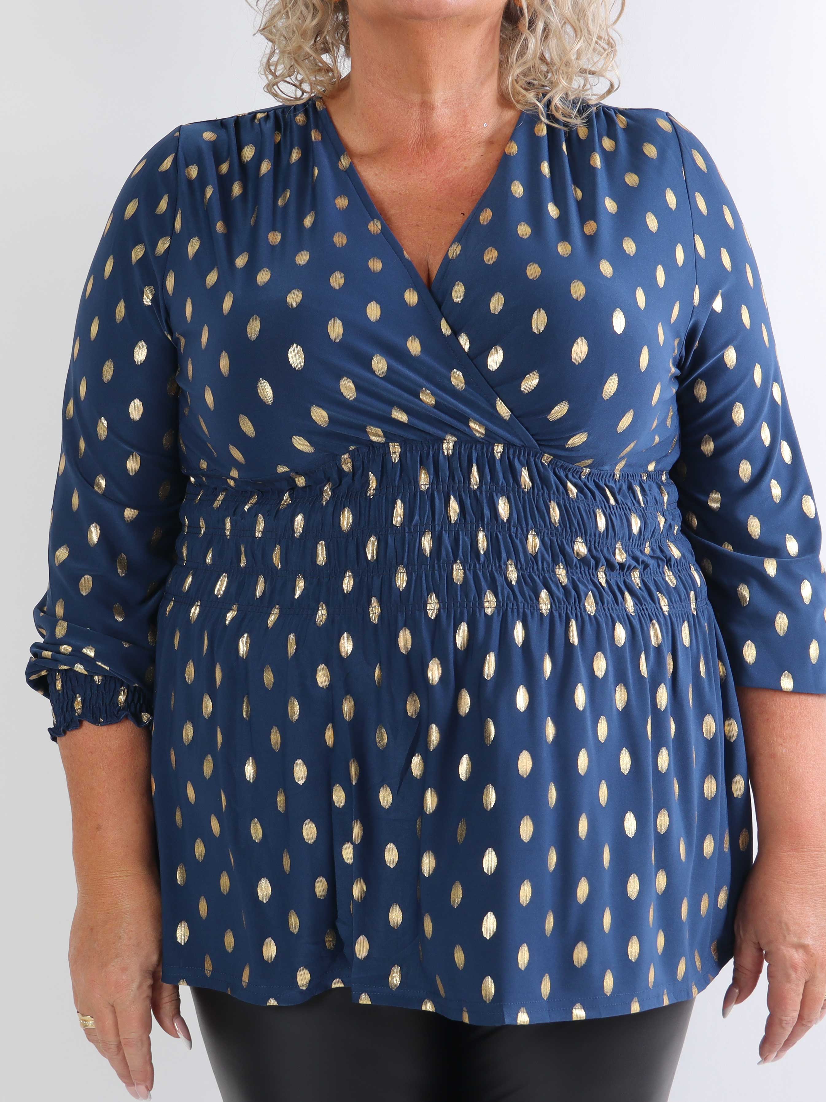 Pams Gold Dot Shirt L/S - Elastisk plus size bluse i krølfrit stof
